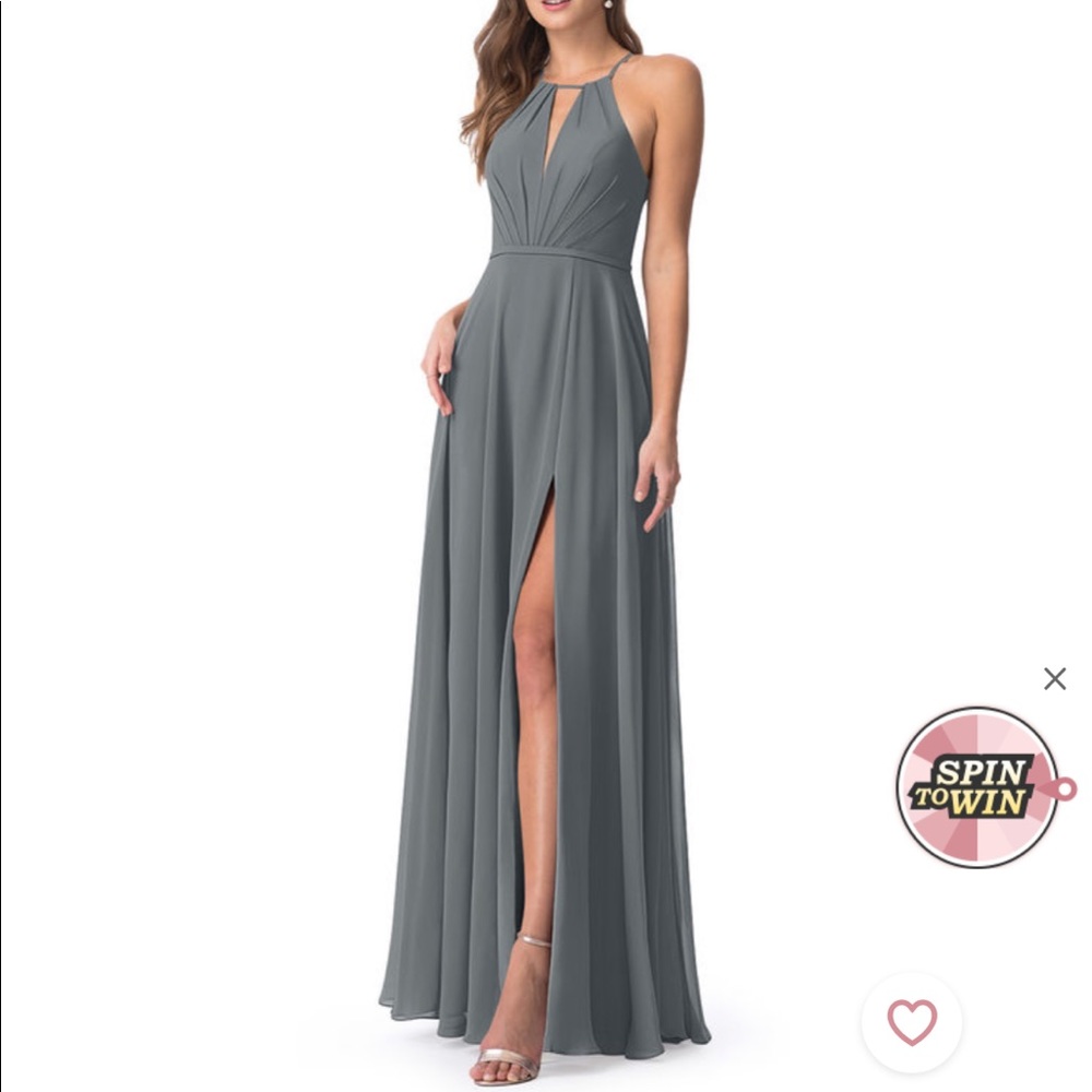 Azazie Evalleen bridesmaid dress in steel gray. Standard size A8